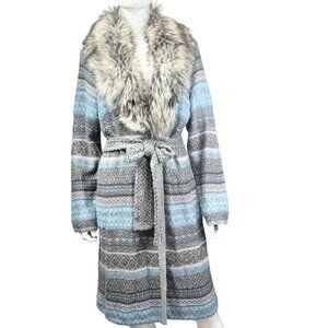 Chicos Womens Knit Sweater Coat Faux Fur Trimmed Belted Gray Blue Size 2 Large
